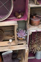 Vinatge wooden crate storage with a potted succulent