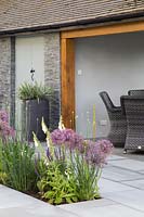 Rectangular bed in modern patio, planted with Alliums, Digitalis and Eremurus