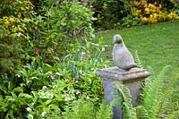 Decorative bird stone statue amongst ferns and helleborus in spring. Garden: Quarry Cottages, Sussex