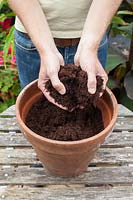 Man adding compost to pot