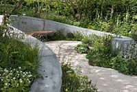 Planting including Lady's Mantle, Alchemilla mollis, Geums, Thyme, Persicaria bistorta and Foxgloves -  'The Jo Whiley Scent Garden' RHS Chelsea Flower Show 2017 - Designers: Tamara Bridge and Kate Savill - Sponsor: RHS
