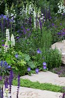 The Wellbeing of Women Garden - stepping stones marking each decade of the charity's work with Thymus serpyllum between and other mixed planting - RHS Hampton Court Flower Show 2015
