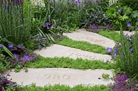 The Wellbeing of Women Garden - stepping stones marking each decade of the charity's work with Thymus serpyllum between and other mixed planting - RHS Hampton Court Flower Show 2015