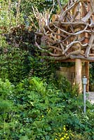 Tree house made from driftwood as a viewing area. Planted below with Epimediums, ferns, Geraniums and Astrantias -  The Zoflora and Caudwell Children's Wild Garden. RHS Hampton Court Flower Show, 2017. Designers: Adam White and Andree Davies