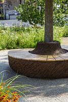 Woven willow and wood seat around tree - It's All About Community Garden - RHS Hampton Court Palace Flower Show 2017 - Designers: Andrew Fisher Tomlin and Dan Bowyer.