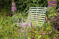 Iron bench amongst summer flowers including Digitalis purpurea, Nepeta 'Six Hills Giant', Astrantia major 'Star of Fire', Dryopteris filix-mas and grass. Romance in the Ruins -BBC Gardeners World Live Flower Show 2017