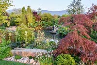 Japanese style garden with Acer palmatum, Zantedeschia aethiopica, Rodgersia aesculifolia and Gunnera manicata surrounding pond - 'At One With...A Meditation Garden' - Howle Hill Nursery, RHS Malvern Spring Festival 2017