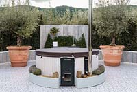 Patio with outdoor pool surrounded by olive trees in large terracotta planters - The Retreat, RHS Malvern Spring Festival 2017