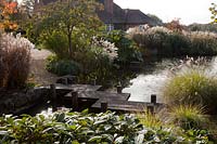 View of the house from The middle pond with Japanese zig-zag bridge. Viburnum davidii, Gunnera, Miscanthus, Pennesetum alopecuroides and Prunus foliage - Brightling Down Farm