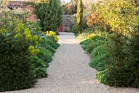 Formal pathway through spring borders with Euphorbia and Tulipa at Arundel Castle, Sussex in spring. Head Gardener: Martin Duncan