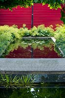 Metal grate as walkway over pond with Alchemilla and Bamboo. Red fence, June.