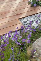Geranium 'Rozanne' with grey gravel stone chipping and all-weather mandioqueira wood decking with boulders in the 'Business and Pleasure' Garden at Tatton RHS Flower Show 2017