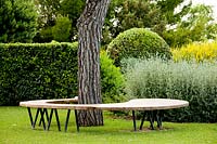 Curved wooden bench in in Project garden, Macerata, Italy, June.