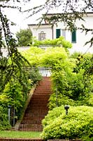 Steps with pergola in Project garden, Macerata, Italy, June. 