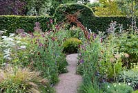 Annual sweet peas are trained up a metal tunnel, flanked by a bed of Ammi majus, cosmos and Verbena hastata.