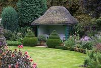 Thatched summerhouse with box topiary domes, in autumn garden, September.