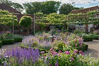 Seen over bed of Salvia, hardy Geranium and Roses, a formal, box edged, sunken rose parterre. Central bed of Rosa 'Louise Odier' and Nepeta 'Walker's Low'. Pleached crab apple trees contain space.