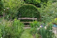 A clipped privet hedge creates a leafy back to a wooden bench, tucked away between flower borders.