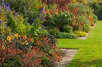 Border with Aconitums, Dahlia 'Moonfire', Salvia elegans 'Honey Melon' - Bourton House Garden, Gloucestershire