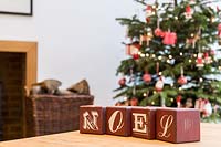 Close up of red letter blocks spelling out Noel. 