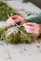 Tying off string on moss covered star