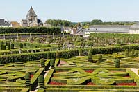 View over the formal parterre gardens at the Chateau de Villandry, Loire Valley, France. A UNESCO World Heritage Site