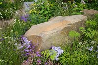 Woodland planting and sandstone boulders in The M and G Garden, RHS Chelsea Flower Show 2016. Designer Cleve West. Gold Medal winner