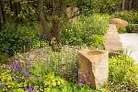 Woodland planting, stone wall and boulders in The M and G Garden, RHS Chelsea Flower Show 2016. Designer Cleve West.