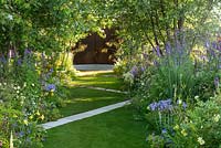 White path crossing a lawn diagonally, with borders of trees and perennials. The A Dogs Life garden, RHS Hampton Court Show