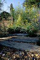 Coastal garden with planting in gravel railway sleeper path Perennial shrub flowers Winchelsea East Sussex