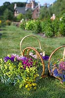 Cut flowers gathered in wicker hand baskets in The Great Garden, Stan Hywet Hall and Gardens, Ohio, USA