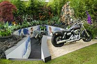 Harley Davidson motorbike in sunken 'bikers' garden. The Ace of Spades. Design by David Domoney. Domoney Ltd. Silver-Gilt Medal.