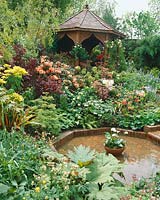 Pond with flowering perennials, ornamental shrubs and Rhododendron