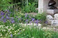 Perennial planting with Iris and fire place
