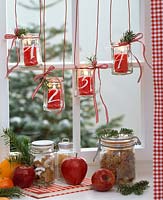 Lanterns hung in the window as a Christmas wreath, Malus ( apple ), Abies