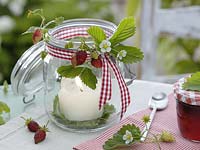 Cover glass with a small bunch of wild strawberries as a lantern
