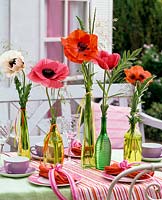 Papaver ( poppy ) with grasses in glass bottles on laid table