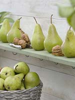 Pears 'Concord' strung on wooden shelf
