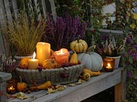 Width bowl of pumpkins ( Cucurbita ), Malus ( ornamental apples ) and candles