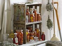 Canned tomatoes, peppers, vinegar and herbs in selfmade shelf