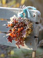 Frozen Autumn bouquet with Malus ( crab apples ), pink ( rose hips )