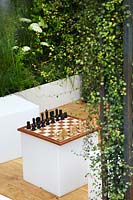 View onto the patio with chess game