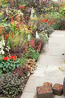 Perennial border in the summer in Orange, Red and Yellow