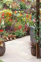 Terrace with perennial planting in Orange, Red and Yellow