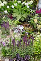 Summer garden scene with aquatic plants and perennials