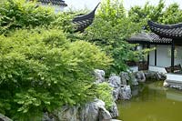 Japanese Garden with pond and house