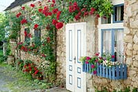 Entrance with climbing roses and window box