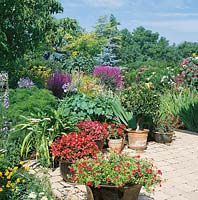 Terrasse im Sommer mit Kübelpflanzen