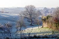 Frosty winter morning at Hanham Court Gardens, Bristol, view across open countryside