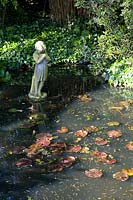 Bullock Horn Cottage, Wilts, UK ( des. Liz Legge ) small, contemporary cottage garden in early summer, Lily pads on pond with small statue